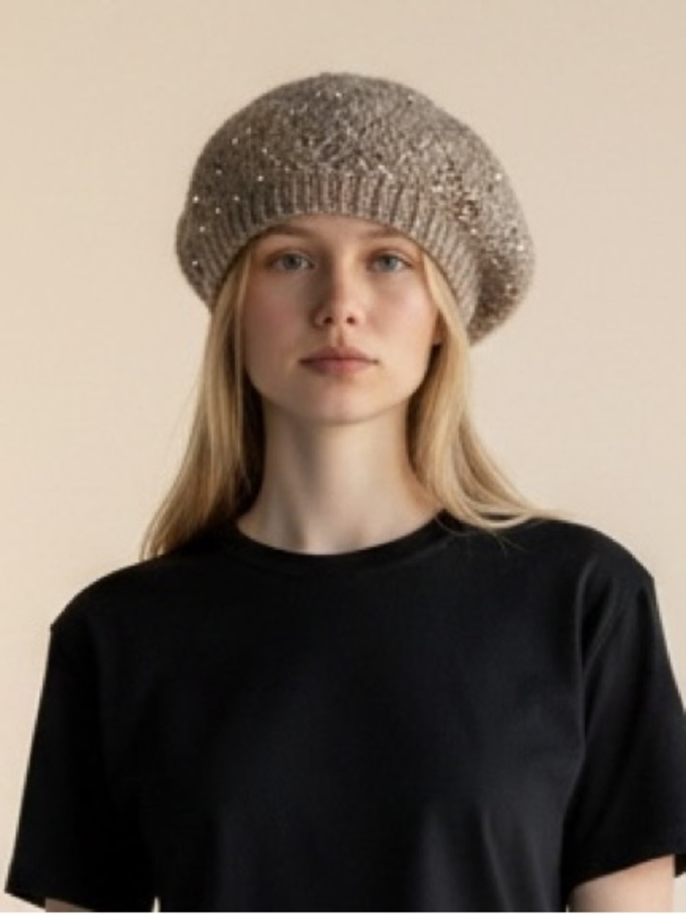 Minicci Taupe Knit Beret Embellished with Subtle Sparkle NWT